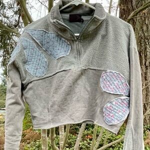 Gray Floral Applique Zip Up Sweatshirt